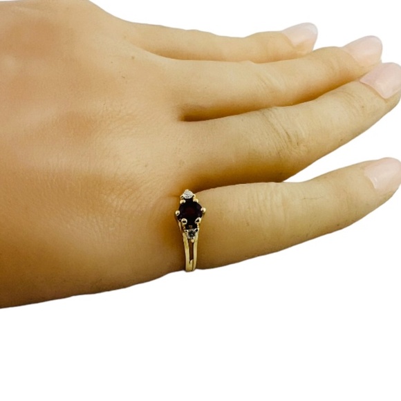 14K Yellow Gold Rhodolite Garnet and Diamond 3 Stone Ring #15991 - Picture 7 of 11